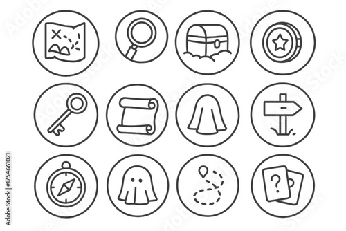Treasure Hunt Symbols. Line style round icons of treasure hunt: map, magnifying glass, hidden box, vintage key; scroll, gold coin,