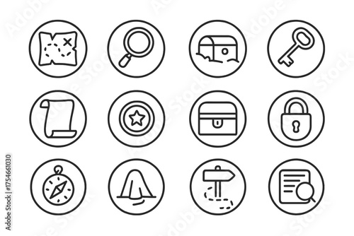 Treasure Hunt Symbols. Line style round icons of treasure hunt: map, magnifying glass, hidden box, vintage key; scroll, gold coin,