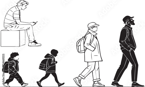 Line art depicting diverse group of people of different ages