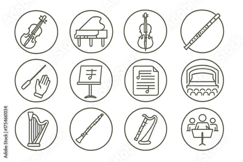 Classical Music Icons. Line style round icons of classical music: violin, piano, cello, flute; conductor baton, music stand, sheet