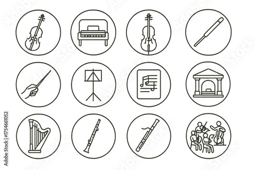 Classical Music Icons. Line style round icons of classical music: violin, piano, cello, flute; conductor baton, music stand, sheet
