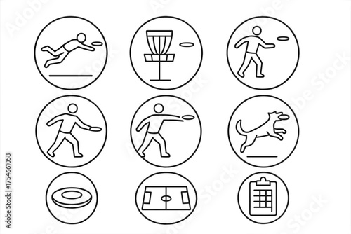Disc Sports Icons. Line style round icons of disc sports: ultimate frisbee, disc golf, freestyle, canine disc; layout dive, pivot