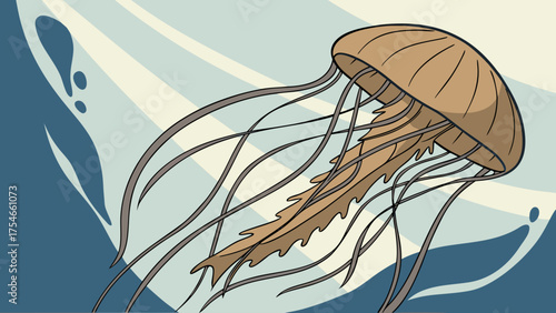 Illustration of a jellyfish with long tentacles swimming in striped blue ocean water view from above