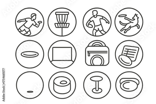 Disc Sports Icons. Line style round icons of disc sports: ultimate frisbee, disc golf, freestyle, canine disc; layout dive, pivot