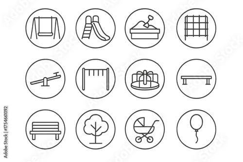 Playground Icon Set. Line style round icons of playground scenes: swing, slide, sandbox, climbing net; see-saw, monkey bars, merry