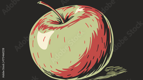 Illustration of a single apple with a stem and shadow against a dark background, stylized drawing