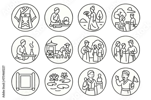 Dynastic Life Icons. Line style round icons of dynastic life: royal robe, tea ceremony, garden stroll, scholar desk; imperial