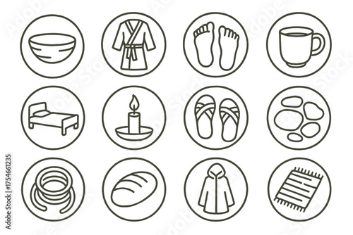 Simple Living Icons. Line style round icons of simple living: wooden bowl, robe, bare feet, clay cup; small bed, candlelight,