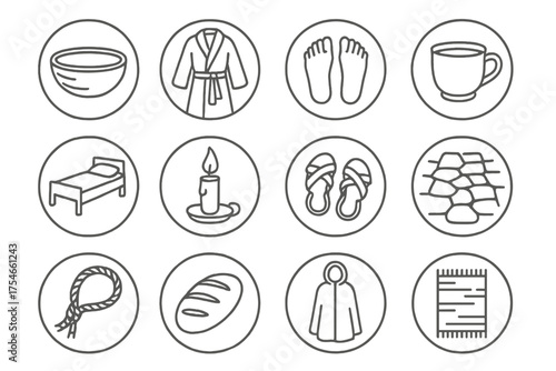 Simple Living Icons. Line style round icons of simple living: wooden bowl, robe, bare feet, clay cup; small bed, candlelight,