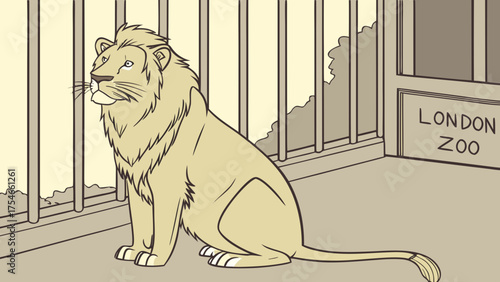 Cartoon lion sitting in an enclosure at the london zoo with bars and a sign visible in the background