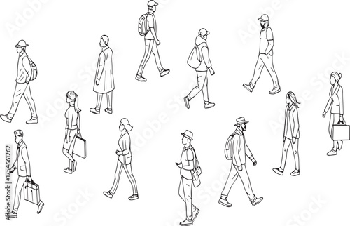 Walking people illustration with outlined figures in various styles and poses