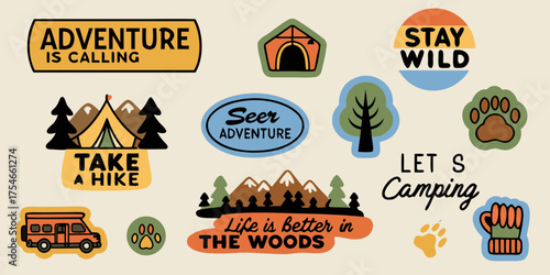 Collection of adventure and camping themed stickers with motivational quotes and outdoor elements