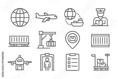 Global Shipping Icons. Line style round icons of global shipping: globe, cargo plane, shipping route, customs; freight train, dock