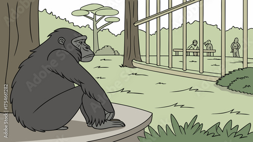 A gorilla sits pensively in its enclosure at the zoo with people watching from behind the fence line