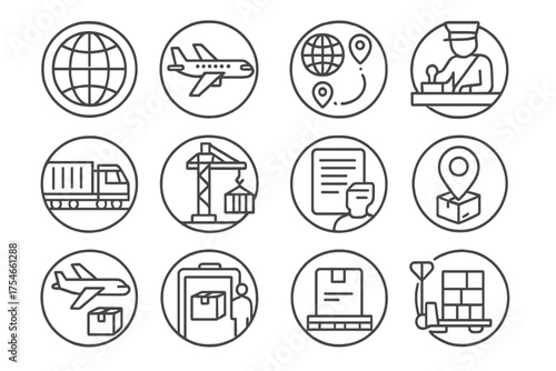 Global Shipping Icons. Line style round icons of global shipping: globe, cargo plane, shipping route, customs; freight train, dock