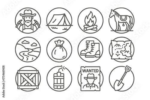 Gold Rush Icons. Line style round icons of gold rush era: miner, tent, campfire, horse; river bend, canvas bag, boots, old map;