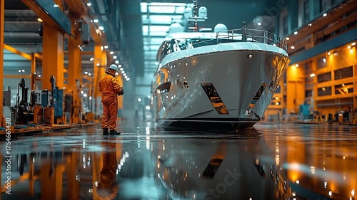 Final Assembly of a Modern Yacht in a Shipyard Hangar.