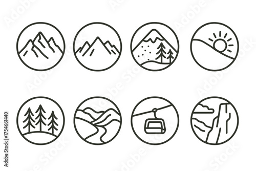 Mountain Scenery Line Icons. Line style round icons of mountain scenery: peaks, ridge, alpine trees, snowy hill; sun over slope,