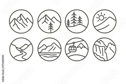 Mountain Scenery Line Icons. Line style round icons of mountain scenery: peaks, ridge, alpine trees, snowy hill; sun over slope,