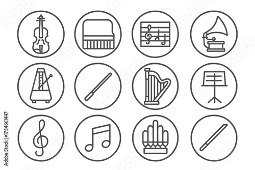 Classic Music Icons. Line style round icons of classic music: violin, piano, sheet music, gramophone; metronome, conductor baton,