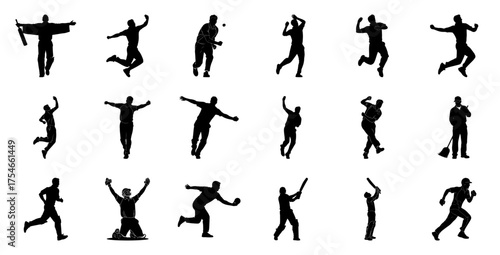 Cricket players in action silhouette sport