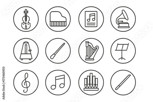 Classic Music Icons. Line style round icons of classic music: violin, piano, sheet music, gramophone; metronome, conductor baton,