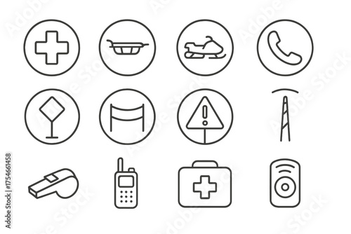Ski Patrol Icons. Line style round icons of ski patrol and safety: red cross, stretcher, snowmobile, emergency phone; trail marker