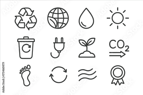 Sustainability Icons Collection. Line style round icons of sustainability symbols: recycle icon, leaf globe, water droplet, solar