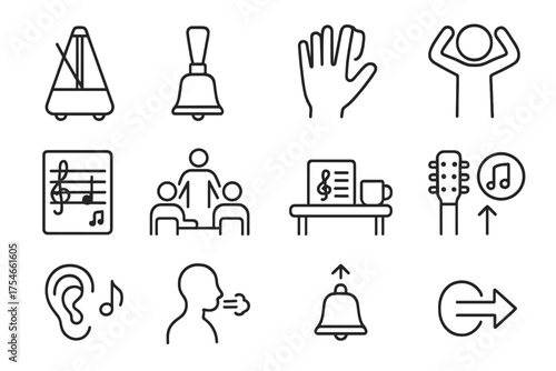 Music Practice Icons. Line style round icons of music practice: metronome, handbell, finger stretch, warmup; note sheet, group