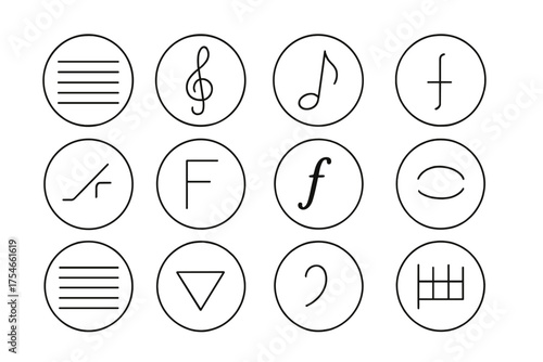 Musical Notation Icons. Line style round icons of musical notation: staff, treble clef, eighth note, rest; slide, chord symbol,