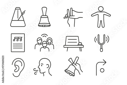 Music Practice Icons. Line style round icons of music practice: metronome, handbell, finger stretch, warmup; note sheet, group