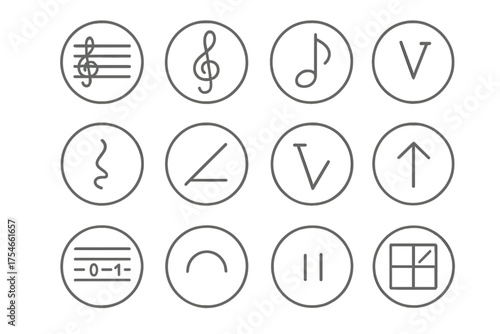 Musical Notation Icons. Line style round icons of musical notation: staff, treble clef, eighth note, rest; slide, chord symbol,