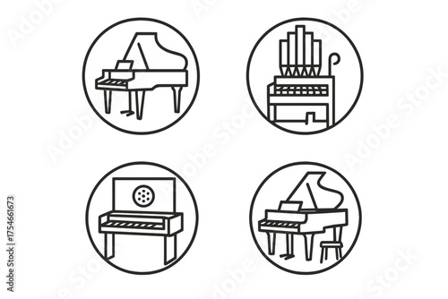 Classical Keyboard Icons. Line style round icons of classical keyboard: harpsichord, clavichord, organ, fortepiano; ivory keys,