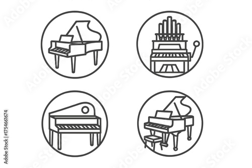 Classical Keyboard Icons. Line style round icons of classical keyboard: harpsichord, clavichord, organ, fortepiano; ivory keys,