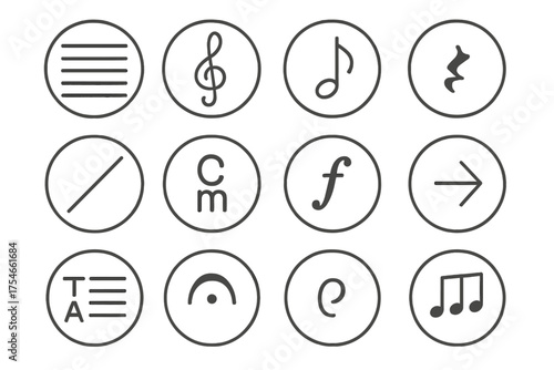 Musical Notation Icons. Line style round icons of musical notation: staff, treble clef, eighth note, rest; slide, chord symbol,