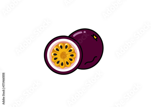 Vibrant purple passion fruit illustration, one whole and one sliced in half showing juicy pulp and seeds, isolated on a white background