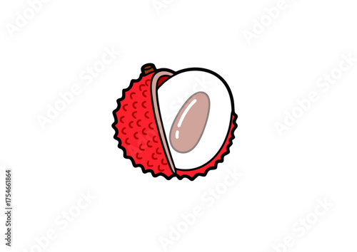 Vibrant and stylized graphic depiction of a fresh, ripe lychee fruit, meticulously halved to reveal its juicy, translucent white flesh and prominent seed, embodying exotic flavor and natural sweetness