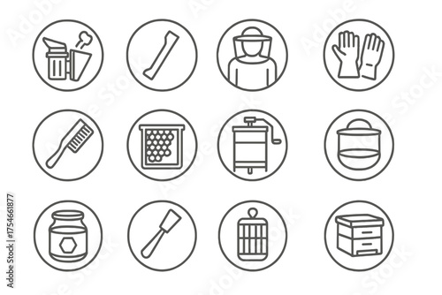 Beekeeping Tools Icons. Line style round icons of beekeeping tools: smoker, hive tool, suit, gloves; brush, frame, honey extractor