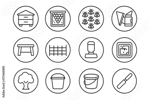 Apiary Setup Icons. Line style round icons of apiary setup: beehive box, frame, bee cluster, stand; fencing, smoker, logbook,
