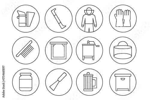 Beekeeping Tools Icons. Line style round icons of beekeeping tools: smoker, hive tool, suit, gloves; brush, frame, honey extractor
