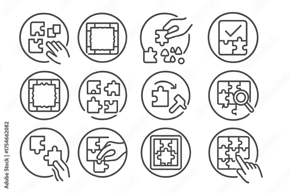 Fototapeta premium Puzzle Strategy Icons. Line style round icons of puzzle strategies: sorting colors, edges first, grouping shapes, checking box