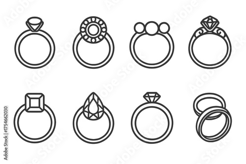 Elegant Ring Icons. Line style round icons of ring designs: solitaire, halo, trilogy, vintage; cushion cut, round brilliant, pear
