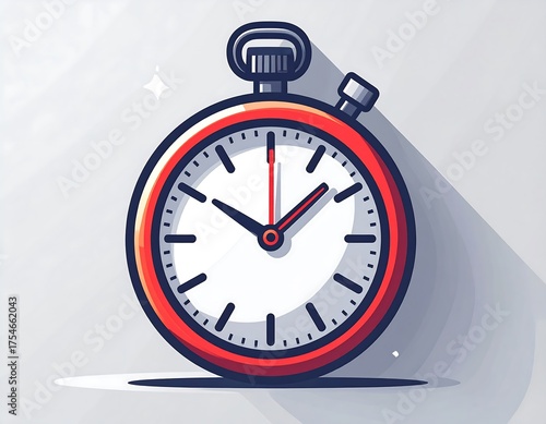 A stylized illustration depicts a classic stopwatch with a red rim, black numerals and hands, and a shadow