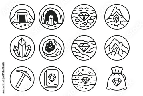 Gemstone Origin Icons. Line style round icons of gemstone origins: mine, cavern, riverbed, volcanic rock; raw crystal, geode,