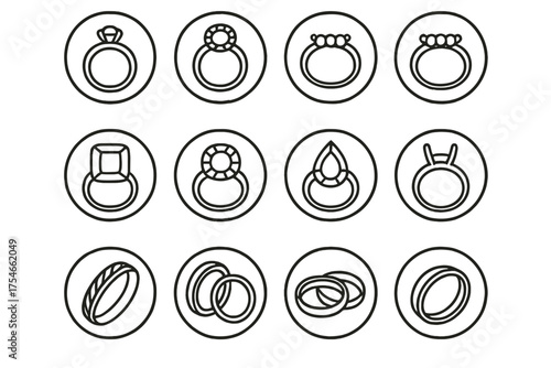 Elegant Ring Icons. Line style round icons of ring designs: solitaire, halo, trilogy, vintage; cushion cut, round brilliant, pear
