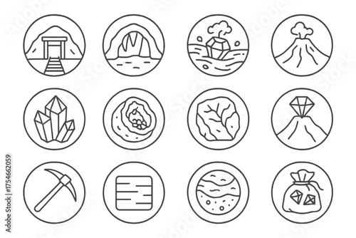 Gemstone Origin Icons. Line style round icons of gemstone origins: mine, cavern, riverbed, volcanic rock; raw crystal, geode,