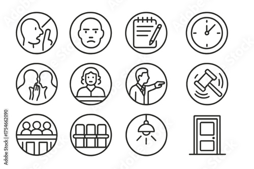 Courtroom Icons. Line style round icons of courtroom atmosphere: silence sign, serious face, notepad, clock tick; whisper, judge
