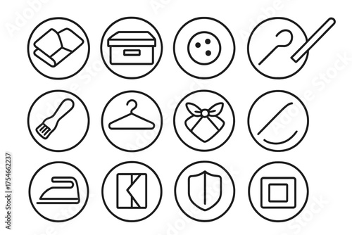 Kimono Care Icons. Line style round icons of kimono folding and care: folding line, storage box, mothball, cedar stick; fabric