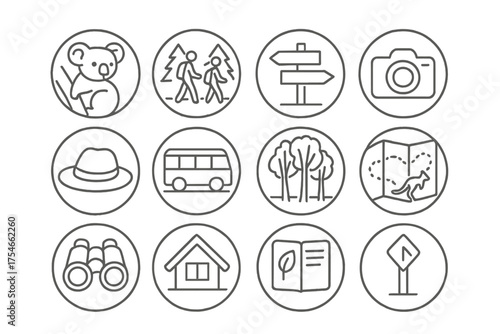 Eco-Tourism Icons Australia. Line style round icons of eco-tourism in Australia: koala view, forest walk, guide sign, camera icon;