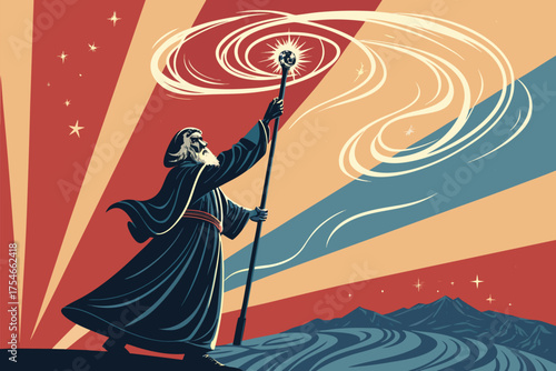 A wise wizard stands on a barren land holding a magic staff.